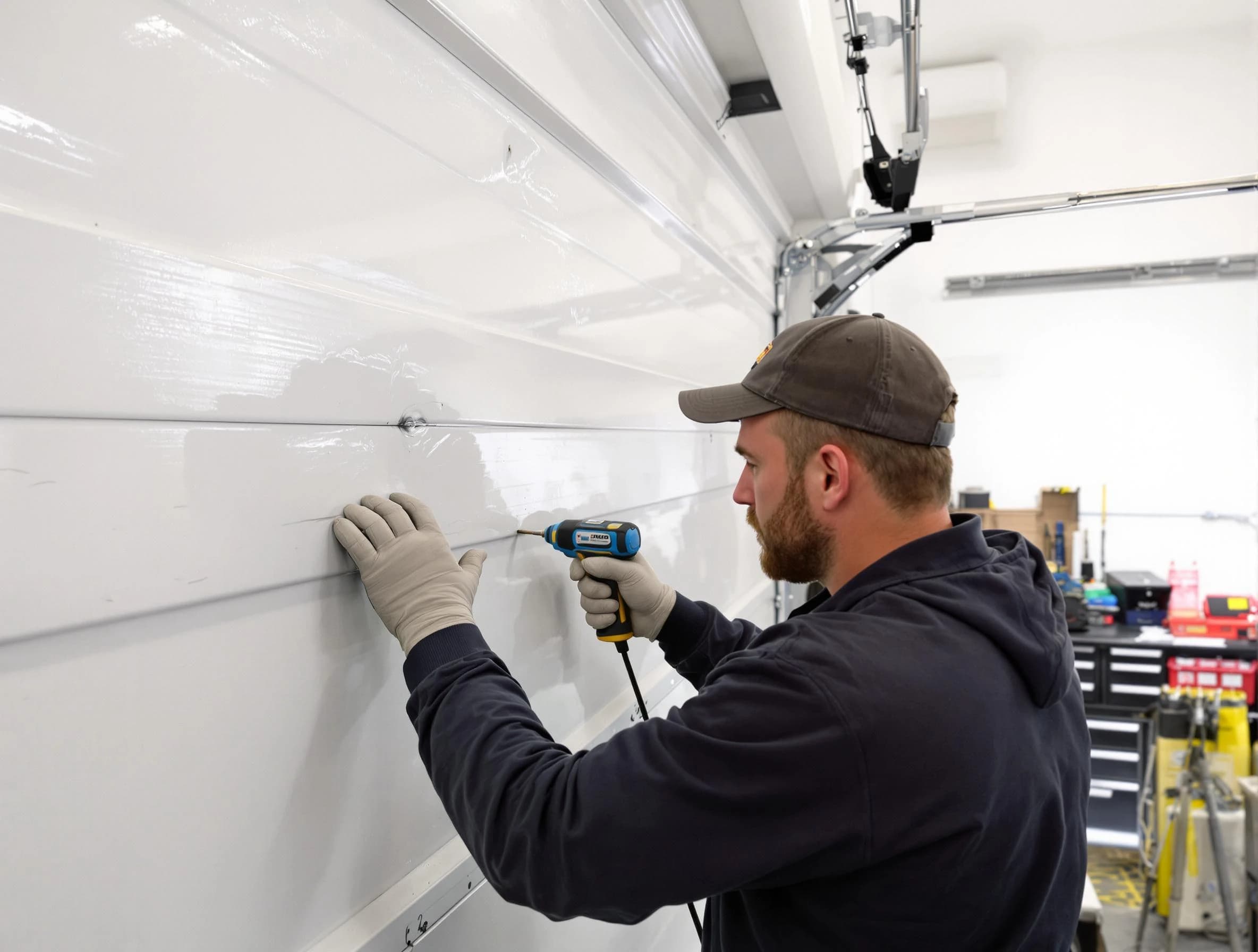 American Fork Garage Door Repair technician demonstrating precision dent removal techniques on a American Fork garage door